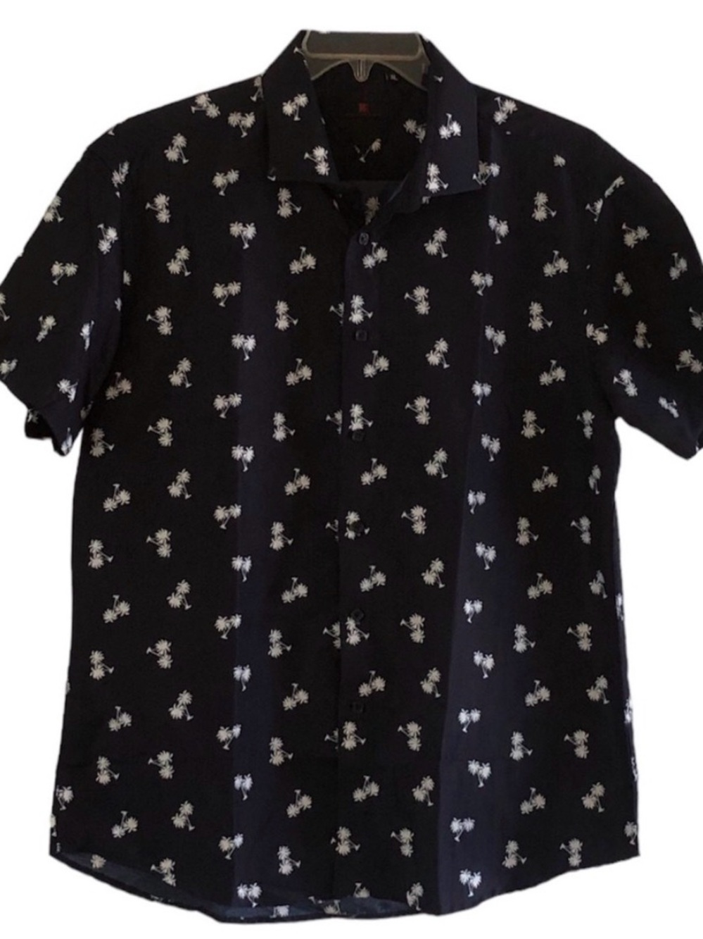 Men's Black Short-Sleeve Button-Down Shirt with White Floral Print